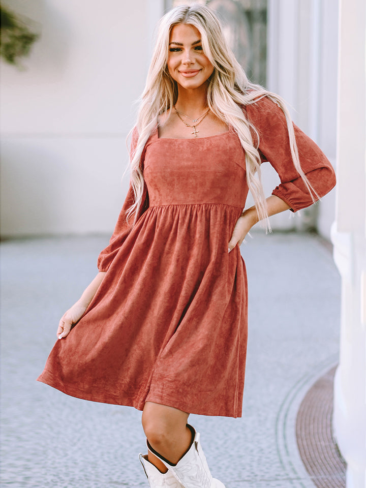 Square Neck Three-Quarter Sleeve Mini Dress