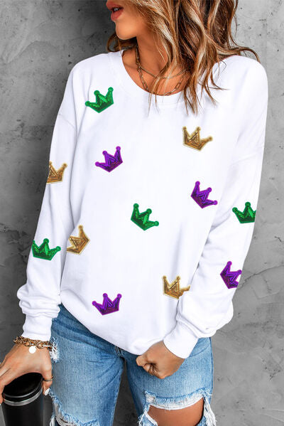 Crown Sequin Round Neck Sweatshirt