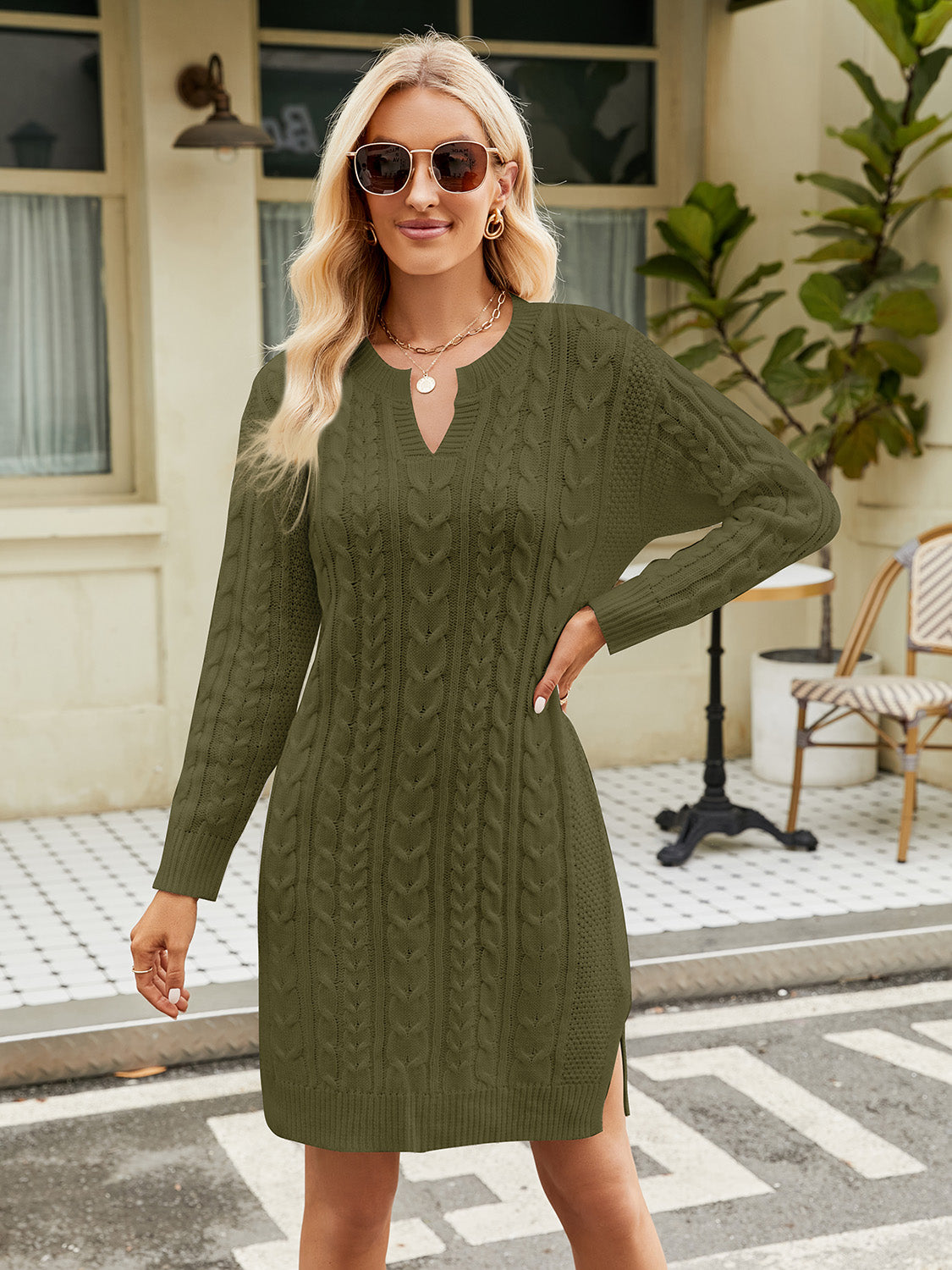 Notched Neck Cable-Knit Slit Sweater Dress