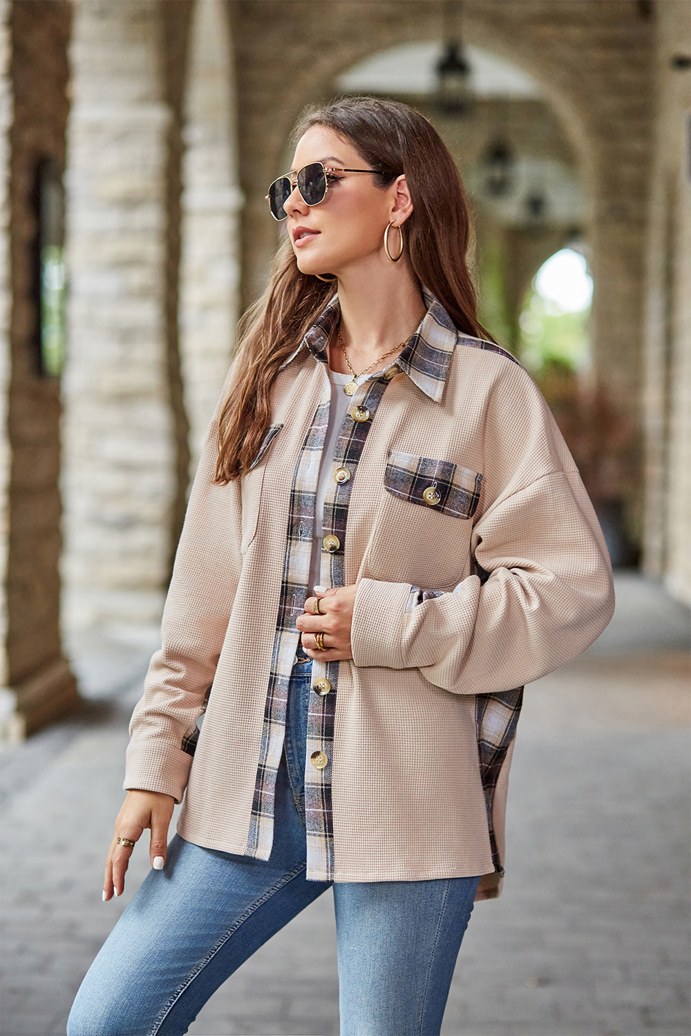 Plaid Collared Dropped Shoulder Jacket