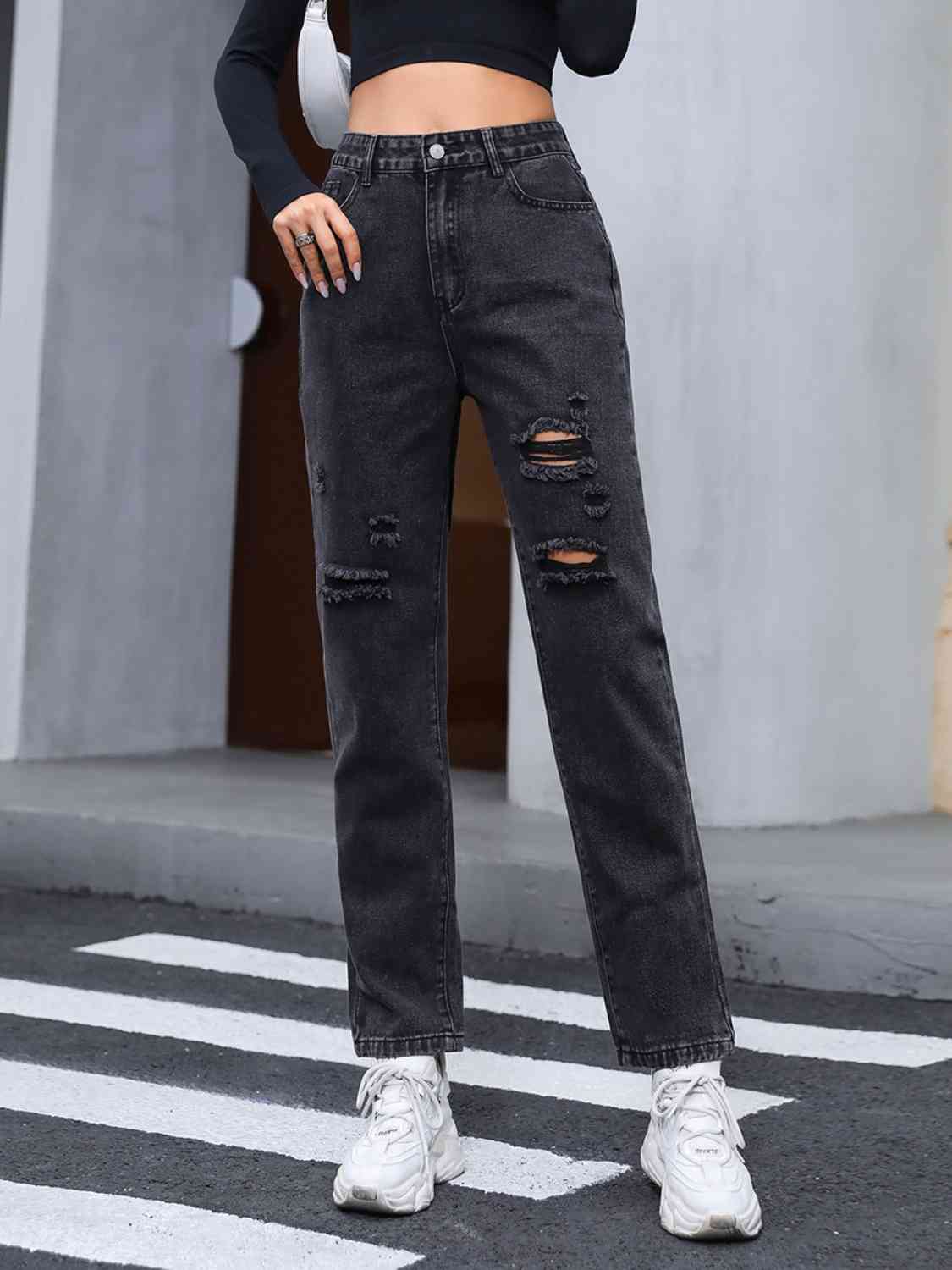 Distressed Straight Leg Jeans